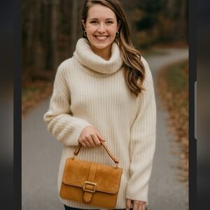 Madeleine Angora / Wool Blend Oversized Turtlenecck Sweater in Cream / O…